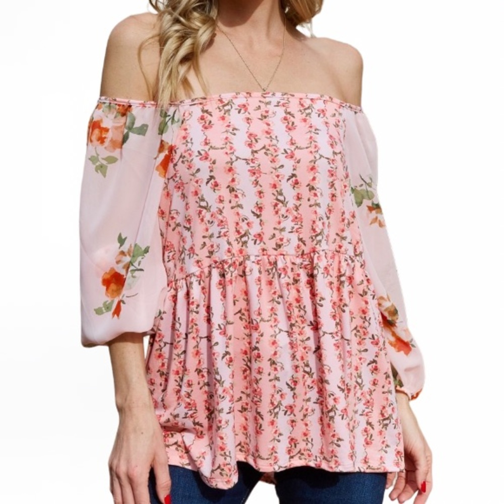 Sugarfox Pink Floral Print Off-Shoulder Balloon Sleeve Peplum Blouse
